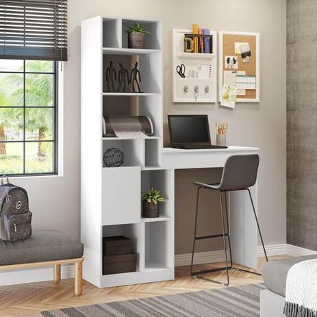 Estante com Mesa Baú Multiuso 1 Porta Branco Lilies Móveis - BE Mobiliário Menor preço em Estante com Mesa Baú Multiuso 1 Porta Branco Lilies Móveis - BE Mobiliário