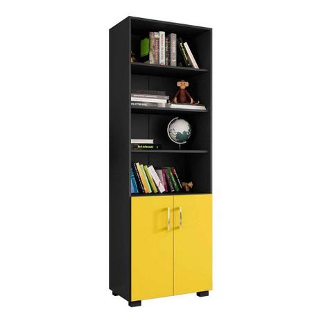 Estante Livreiro 6 Prateleiras Office Preto e Portas Pequenas Amarelas Móveis Leão - Moveis Leao Menor preço em Estante Livreiro 6 Prateleiras Office Preto e Portas Pequenas Amarelas Móveis Leão - Moveis Leao