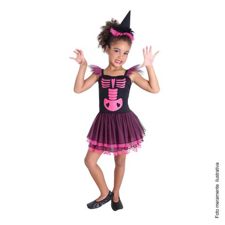 Fantasia Bruxa Esqueleto Infantil Pink - Halloween Menor preço em Fantasia Bruxa Esqueleto Infantil Pink - Halloween