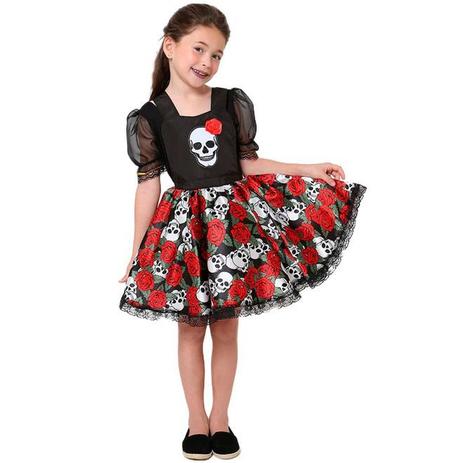 Fantasia de Caveira Mexicana Jardineira de Halloween Infantil Feminino - Fantasias Carol KB Menor preço em Fantasia de Caveira Mexicana Jardineira de Halloween Infantil Feminino - Fantasias Carol KB
