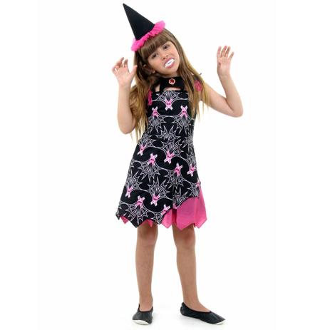 Fantasia Vampira Infantil de Halloween Vestido Super Luxo e dentes