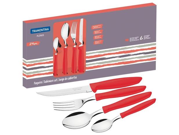 Faqueiro 24 pcs plenus vermelho sortidos com laminas de aco inox e cabos de polipropileno tramontina Menor preço em Faqueiro 24 pcs plenus vermelho sortidos com laminas de aco inox e cabos de polipropileno tramontina