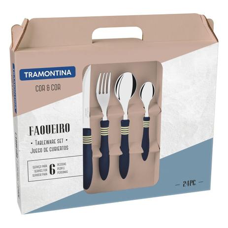Faqueiro inox 24 pcs azul corcor tramontina Menor preço em Faqueiro inox 24 pcs azul corcor tramontina