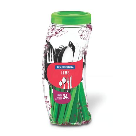 Faqueiro pote inox 24 pcs leme verde tramontina Menor preço em Faqueiro pote inox 24 pcs leme verde tramontina