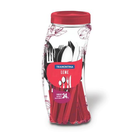 Faqueiro pote inox 24 pcs leme vermelho tramontina Menor preço em Faqueiro pote inox 24 pcs leme vermelho tramontina