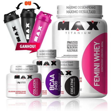 Femini 600g + Creatina 150g + Bcaa 100Cps + Colagen 100cps - Max titanium Menor preço em Femini 600g + Creatina 150g + Bcaa 100Cps + Colagen 100cps - Max titanium