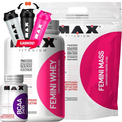 Femini Mass 2,4kg + Femini Whey 600g + Bcaa + Coq Max Titani - Max titanium Menor preço em Femini Mass 2,4kg + Femini Whey 600g + Bcaa + Coq Max Titani - Max titanium