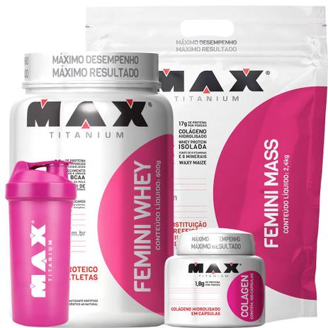 Femini Mass 2,4kg + Femini Whey 600g + Colágeno Max Titanium Menor preço em Femini Mass 2,4kg + Femini Whey 600g + Colágeno Max Titanium