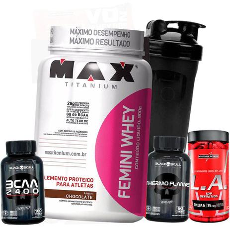 Femini Whey 900g Bcaa 2400 100caps Thermo Flame 60caps L.A Top Definition 120caps Copo Shaker wei - Max titanium Menor preço em Femini Whey 900g Bcaa 2400 100caps Thermo Flame 60caps L.A Top Definition 120caps Copo Shaker wei - Max titanium