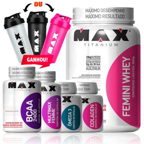 Femini Whey 900g + Colagen + Omega 3 + Multimax Femme + Bcaa - Max titanium Menor preço em Femini Whey 900g + Colagen + Omega 3 + Multimax Femme + Bcaa - Max titanium
