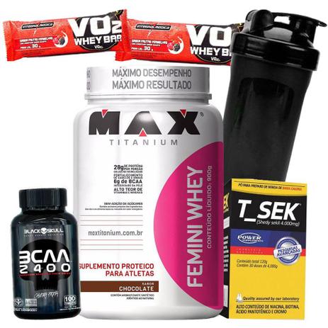 Femini Whey 900g Concentrado Puro T Sek 120g Diurético Bcaa 2400 100caps Garrafinha Wei way - Max titanium Menor preço em Femini Whey 900g Concentrado Puro T Sek 120g Diurético Bcaa 2400 100caps Garrafinha Wei way - Max titanium