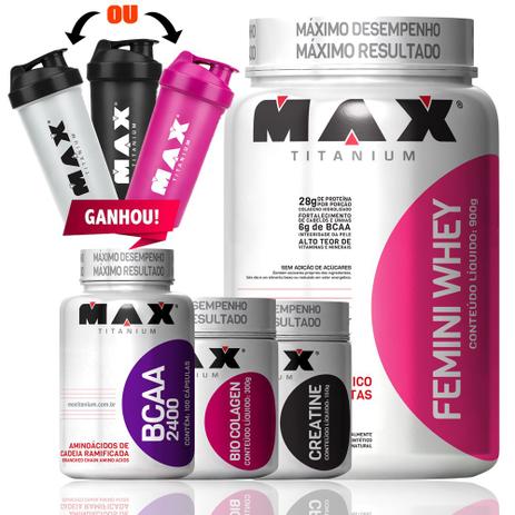 Femini Whey 900g + Creatina + Bio Colagen + Bcaa + Coq - Max titanium Menor preço em Femini Whey 900g + Creatina + Bio Colagen + Bcaa + Coq - Max titanium