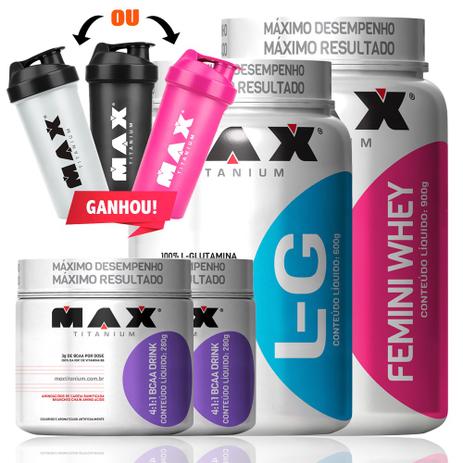 Femini Whey 900g Glutamina 600g + Bcaa Drink 4:1:1 Max Titan - Max titanium Menor preço em Femini Whey 900g Glutamina 600g + Bcaa Drink 4:1:1 Max Titan - Max titanium