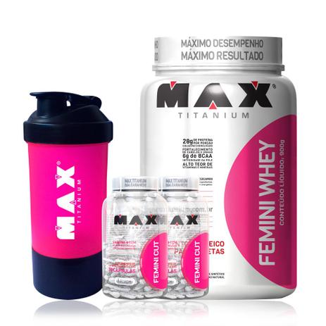 Femini Whey 900g - Max Titanium + 2x Femini Cut + Coquete Dupla Menor preço em Femini Whey 900g - Max Titanium + 2x Femini Cut + Coquete Dupla