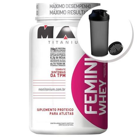 Femini Whey - 900g morango + Coqueteleira 600ml Preta - Max Titanium Menor preço em Femini Whey - 900g morango + Coqueteleira 600ml Preta - Max Titanium