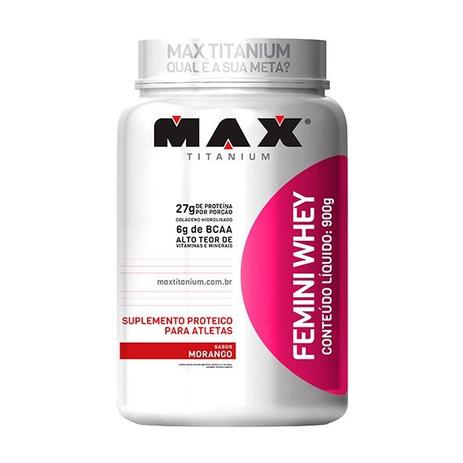 Femini Whey Morango 900g - Max Titanium Menor preço em Femini Whey Morango 900g - Max Titanium
