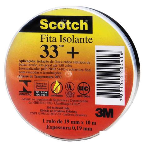 Fita Isolante 19mmx10m Scotch 33 preto 3M Menor preço em Fita Isolante 19mmx10m Scotch 33 preto 3M