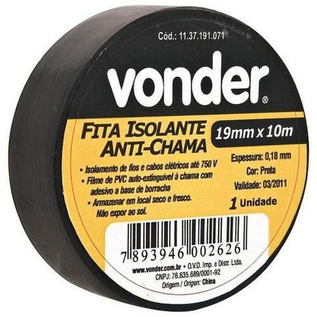 Fita Isolante Anti-Chama 19mm X 10mts Preta Blister - Vonder Menor preço em Fita Isolante Anti-Chama 19mm X 10mts Preta Blister - Vonder