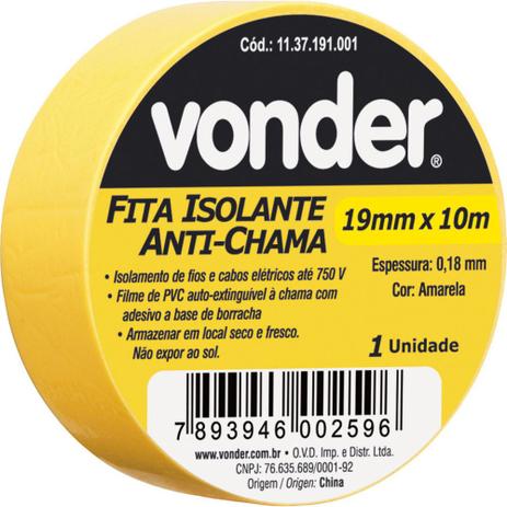 Fita isolante pvc 19mmx10m amarela anti chama - Vonder Menor preço em Fita isolante pvc 19mmx10m amarela anti chama - Vonder