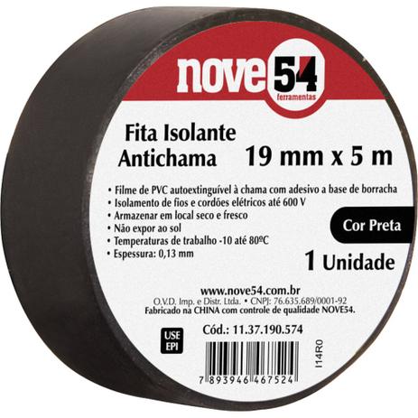 Fita isolante pvc 19mmx10m preta anti chama - Nove54 Menor preço em Fita isolante pvc 19mmx10m preta anti chama - Nove54