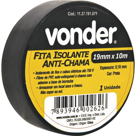 Fita isolante pvc 19mmx10m preta anti chama - Vonder Menor preço em Fita isolante pvc 19mmx10m preta anti chama - Vonder