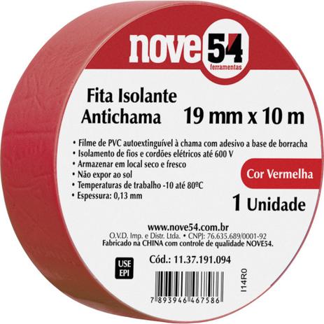 Fita isolante pvc 19mmx10m vermelha anti chama - Nove54 Menor preço em Fita isolante pvc 19mmx10m vermelha anti chama - Nove54