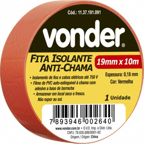 Fita isolante pvc 19mmx10m vermelha anti chama - Vonder Menor preço em Fita isolante pvc 19mmx10m vermelha anti chama - Vonder