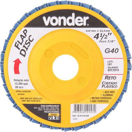 Flap disc 4.1/2” g40 costado pvc reto para aço carbono e inox - Vonder Menor preço em Flap disc 4.1/2” g40 costado pvc reto para aço carbono e inox - Vonder