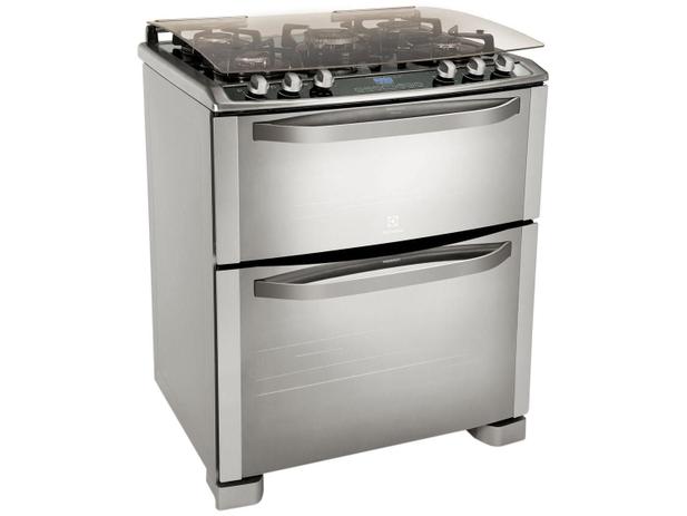 Fogão 5 Bocas Electrolux Mesa de Vidro Inox - Duplo Forno Grill Tripla-Chama Painel Digita Timer