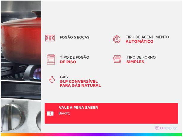 Fogão 5 Bocas Mesa de Vidro Continental Branco - Acendimento Automático FC5VB