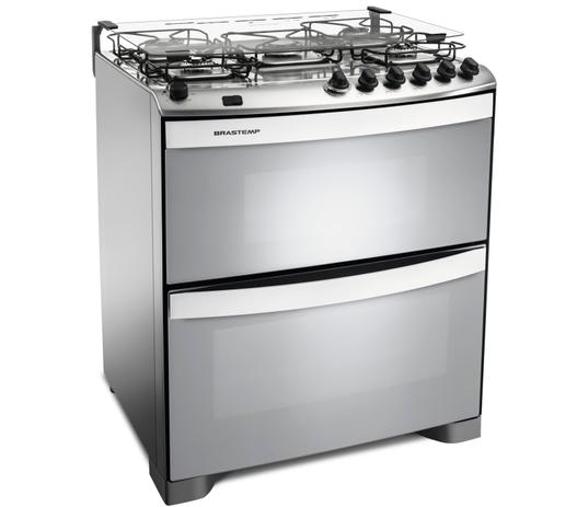 Fogão Brastemp 5 bocas duplo forno cor Inox com acendimento automático e mesa flat top