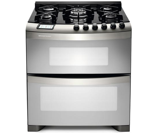 Fogão Brastemp 5 bocas duplo forno cor Inox com mesa de vidro e quadrichama