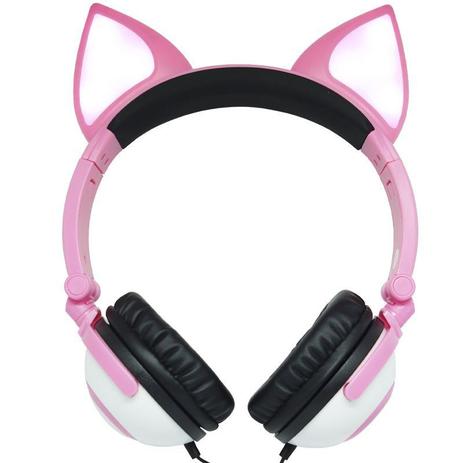 Fone Ouvido Headphone Com Fio Estéreo Orelha Gato Gatinho Led Infantil P2  Exbom HF-C22 Rosa