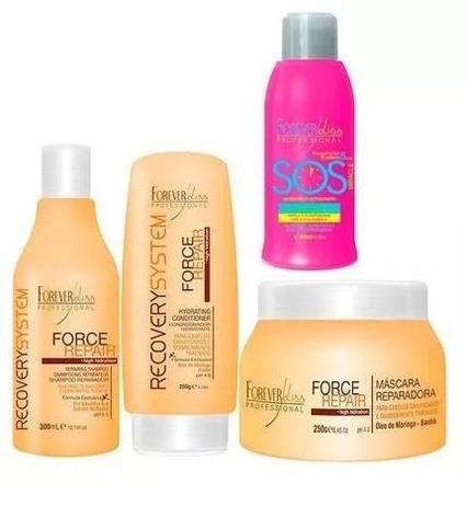 Force Repair Kit Shampoo 300ml + Condicionador 200ml + Mascara 250g + Sos 300ml - Forever Liss Menor preço em Force Repair Kit Shampoo 300ml + Condicionador 200ml + Mascara 250g + Sos 300ml - Forever Liss