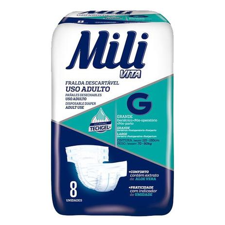 Fralda descartável Mili Vita Geriátrica, Pós-operatório, Pós-parto (uso adulto) Tamanho G 8 unidades Menor preço em Fralda descartável Mili Vita Geriátrica, Pós-operatório, Pós-parto (uso adulto) Tamanho G 8 unidades