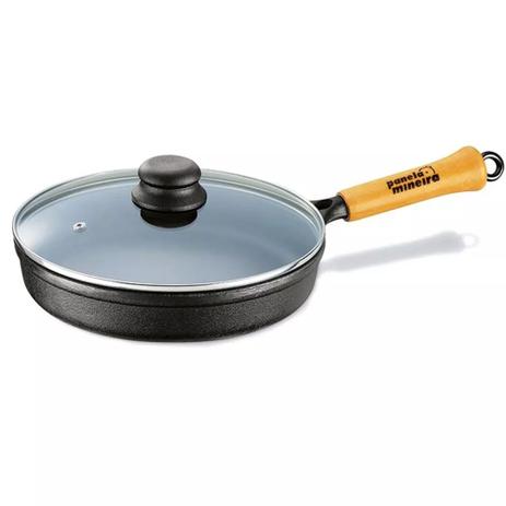 Frigideira Alta Ferro Fundido Cabo De Madeira C/ Tampa de Vidro Panela Mineira 25cm Diâmetro Menor preço em Frigideira Alta Ferro Fundido Cabo De Madeira C/ Tampa de Vidro Panela Mineira 25cm Diâmetro