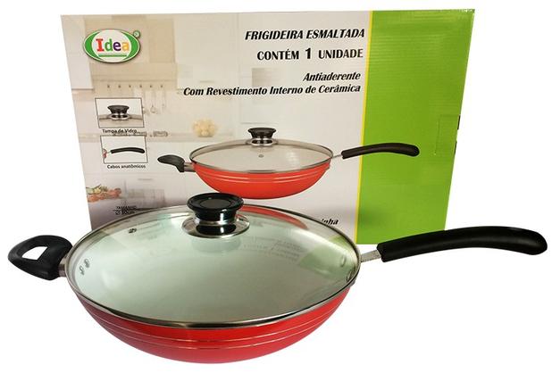 Frigideira Grande Panela Wok Vermelha Cerâmica 30cm Com Tampa de Vidro - Idea Menor preço em Frigideira Grande Panela Wok Vermelha Cerâmica 30cm Com Tampa de Vidro - Idea