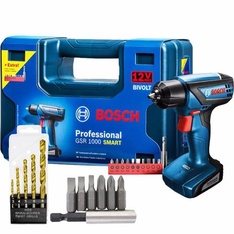 Furadeira e Parafusadeira à Bateria GSR1000 Smart 12V - Bosch + Jogo de Bits 7 Peças + Jogo de Broca Menor preço em Furadeira e Parafusadeira à Bateria GSR1000 Smart 12V - Bosch + Jogo de Bits 7 Peças + Jogo de Broca
