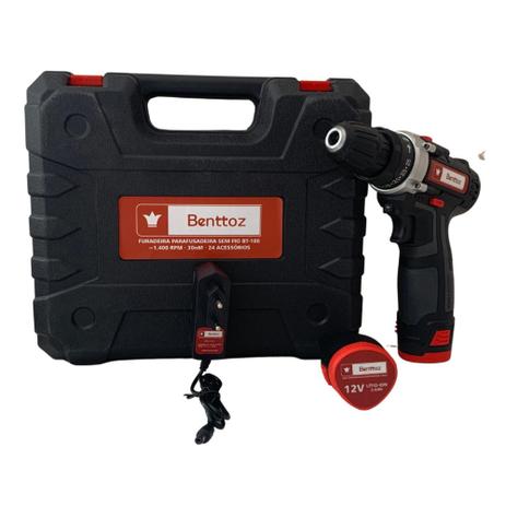 Furadeira e Parafusadeira Benttoz 2 Baterias 12v com kit maleta e 24 Bits Menor preço em Furadeira e Parafusadeira Benttoz 2 Baterias 12v com kit maleta e 24 Bits