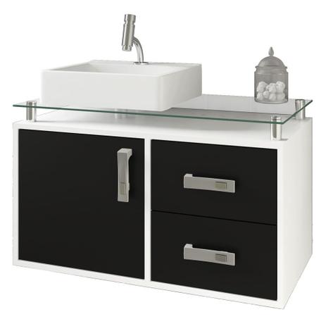 Gabinete Banheiro com Cuba 2 Gavetas e 1 Porta Evora MGM Branco/Preto - MGM MOVEIS Menor preço em Gabinete Banheiro com Cuba 2 Gavetas e 1 Porta Evora MGM Branco/Preto - MGM MOVEIS