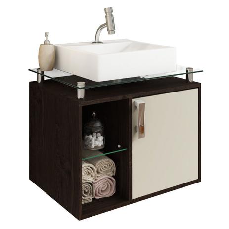 Gabinete Banheiro com Cuba e Prateleira Vidro Porto MGM Café/Off white - MGM MOVEIS Menor preço em Gabinete Banheiro com Cuba e Prateleira Vidro Porto MGM Café/Off white - MGM MOVEIS