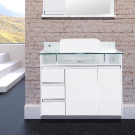 Gabinete para Banheiro com Cuba em Resina Tampo de Vidro 1 Porta 1 Cesto Aramado 3 Gavetas Azzera Móveis Bonatto Branco Menor preço em Gabinete para Banheiro com Cuba em Resina Tampo de Vidro 1 Porta 1 Cesto Aramado 3 Gavetas Azzera Móveis Bonatto Branco