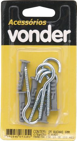 Gancho 3,4x60mm zincado com bucha 6mm com 5 peças - Vonder Menor preço em Gancho 3,4x60mm zincado com bucha 6mm com 5 peças - Vonder