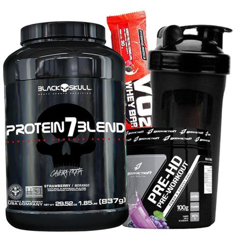 Ganho Força Disposição - Whey Protein 7 Blend 837g + Pré Treino Pre HD 100g + Coqueteleira - Black skull Menor preço em Ganho Força Disposição - Whey Protein 7 Blend 837g + Pré Treino Pre HD 100g + Coqueteleira - Black skull