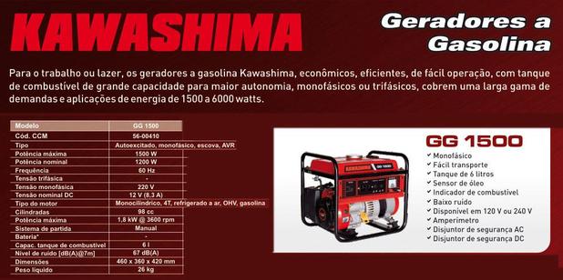 Gerador de Energia Portátil a Gasolina 4T 1500kW 220V Kawashima GG1500 é boa?