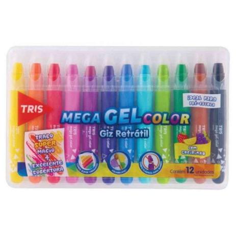 Giz de Cera Retrátil 12 Cores Mega Gel Tris Menor preço em Giz de Cera Retrátil 12 Cores Mega Gel Tris
