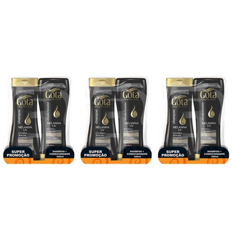 Gota Dourada Melanina Shampoo + Condicionador 340ml (Kit C/03) Menor preço em Gota Dourada Melanina Shampoo + Condicionador 340ml (Kit C/03)