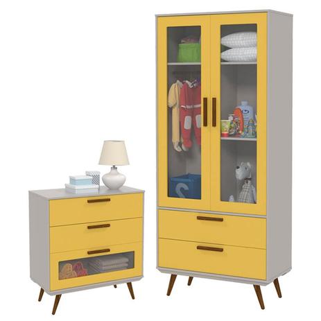 Guarda Roupa 2 Portas e Cômoda Infantil 3 Gavetas Retro Glass Cinza Amarelo Eco Wood Matic - Matic moveis Menor preço em Guarda Roupa 2 Portas e Cômoda Infantil 3 Gavetas Retro Glass Cinza Amarelo Eco Wood Matic - Matic moveis