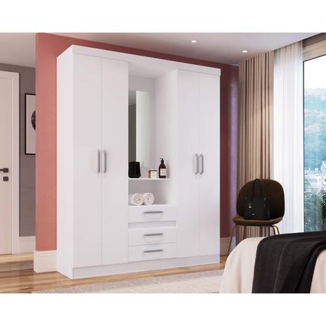Guarda Roupa Capelinha Topázio com Espelho 4 Portas 3 Gavetas Decibal Moveis Branco Menor preço em Guarda Roupa Capelinha Topázio com Espelho 4 Portas 3 Gavetas Decibal Moveis Branco
