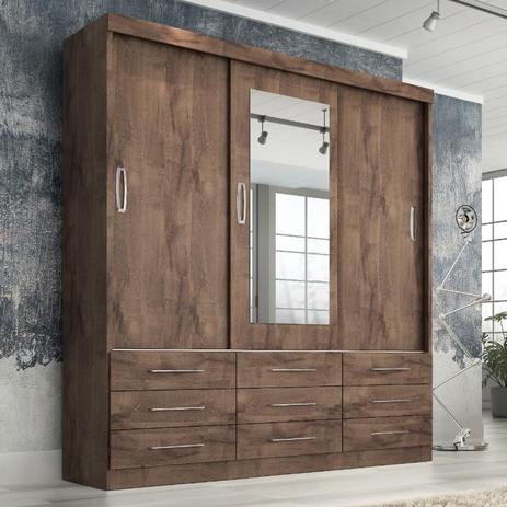 Guarda Roupa Casal Cairo 3 Portas Correr 9 Gav. Com Espelho - Quarta Divisão Móveis Menor preço em Guarda Roupa Casal Cairo 3 Portas Correr 9 Gav. Com Espelho - Quarta Divisão Móveis